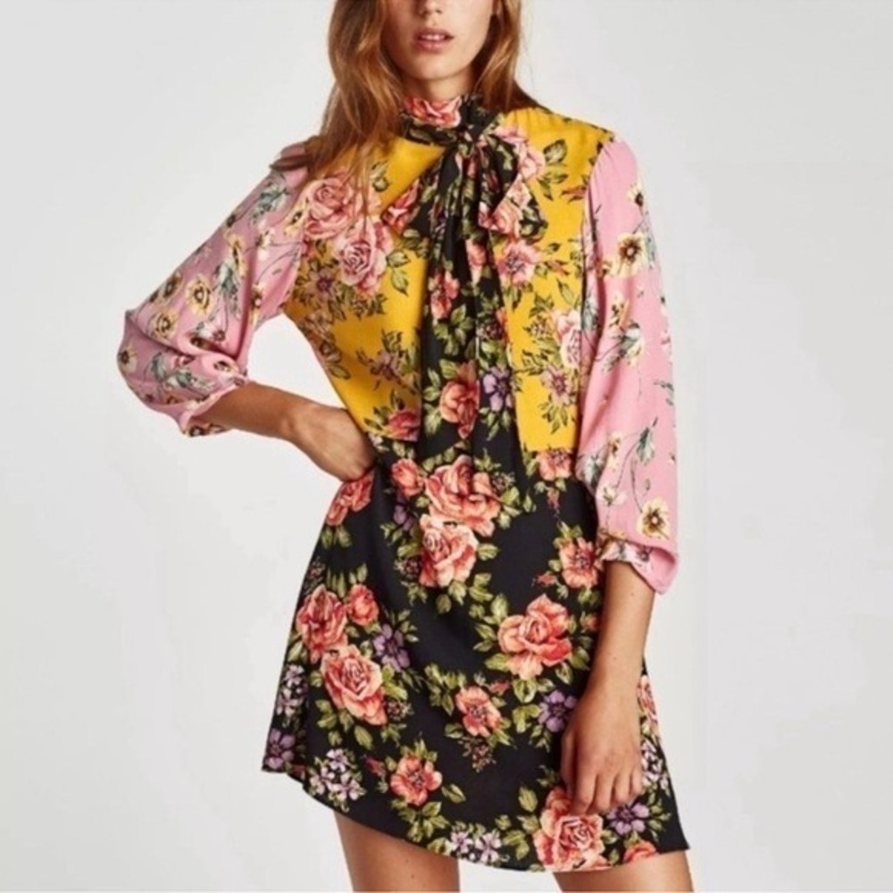 Zara Floral Mini Dress Women's Medium Colorblock Tie Neck Patchwork Boho